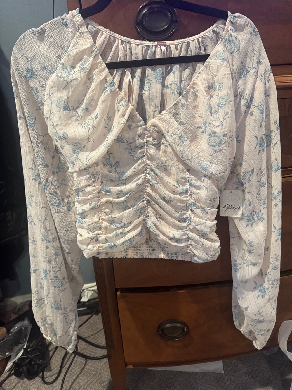 Free People White Crop Top with Light Blue Floral Print
